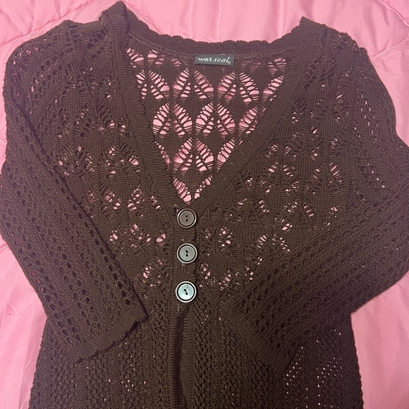 Wet Seal Brown Boho Open Knit Half Sleeve Button Hippie Long Cardigan Sweater - Picture 9 of 11